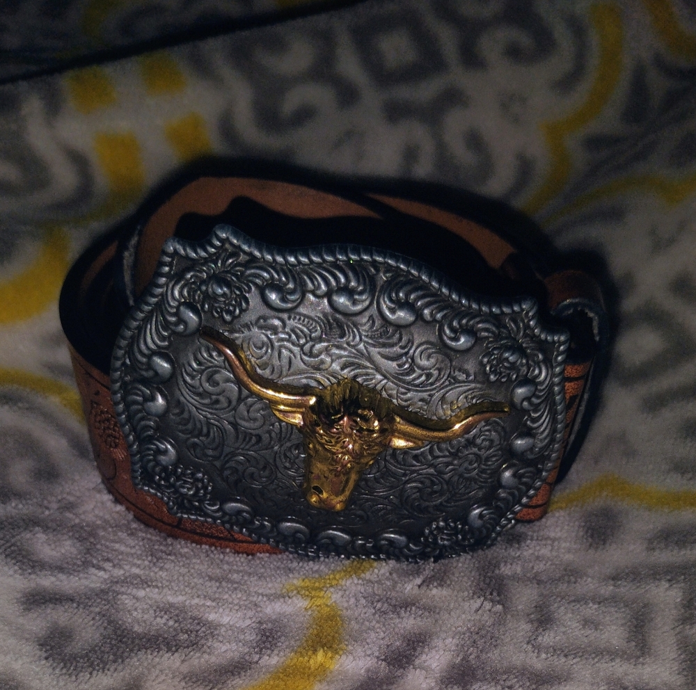 Western Style Belt with Gold and Silver Buckle
